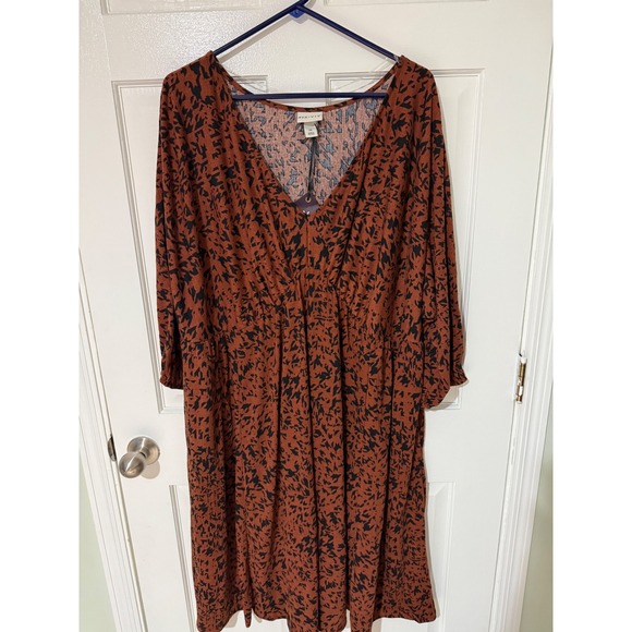 Ava & Viv Womens 3X Rust Brown Black Print Long Sleeve V Neck Empire Waist Dress - Picture 1 of 3